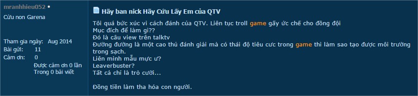 Cộng đồng người chơi yêu cầu cấm nick QTV vì trollgame