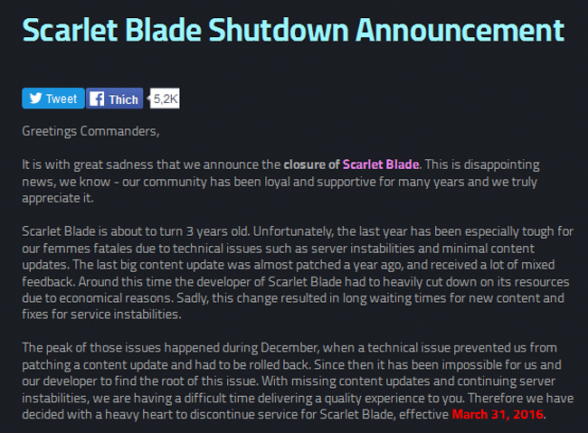 Game online 18+ Scarlet Blade đóng cửa sau 3 năm vận hành