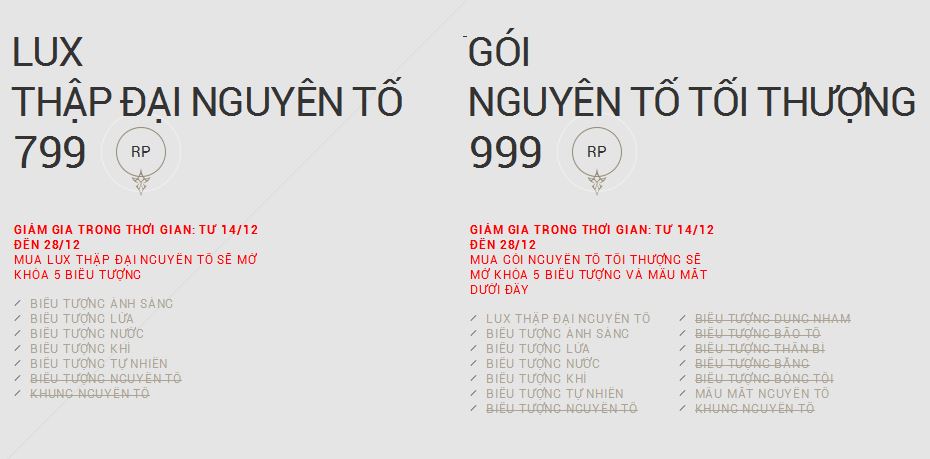 Gói Lux Nguyên Tố Tối Thượng có giá tới 700.000 Đồng tại Việt Nam