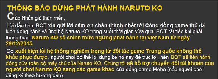 ME Corp thông báo đóng cửa game Naruto KO 