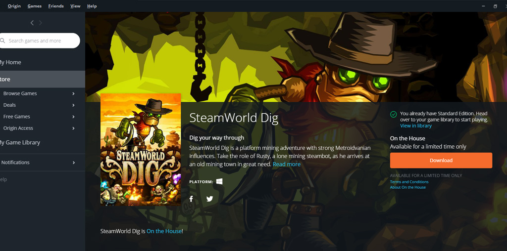 Nhanh tay sở hữu miễn phí game phiêu lưu SteamWorld Dig trên Origin