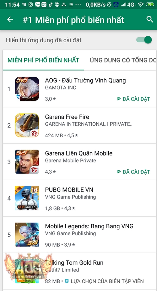 AOG – Đấu Trường Vinh Quang chiếm giữ vị trí Top 1 trên Google Play Store sau 24h ra mắt