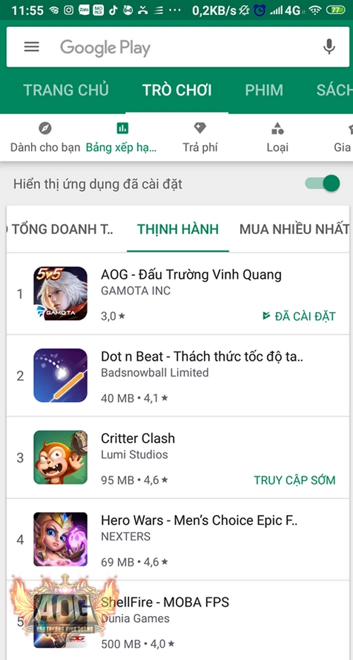 AOG – Đấu Trường Vinh Quang chiếm giữ vị trí Top 1 trên Google Play Store sau 24h ra mắt