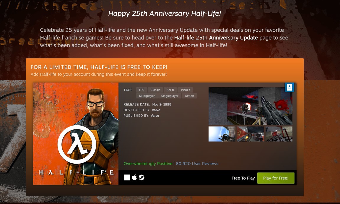 Valve tặng miễn phí Half-Life nhân dịp sinh nhật 25 năm tuổi và có bản update khủng